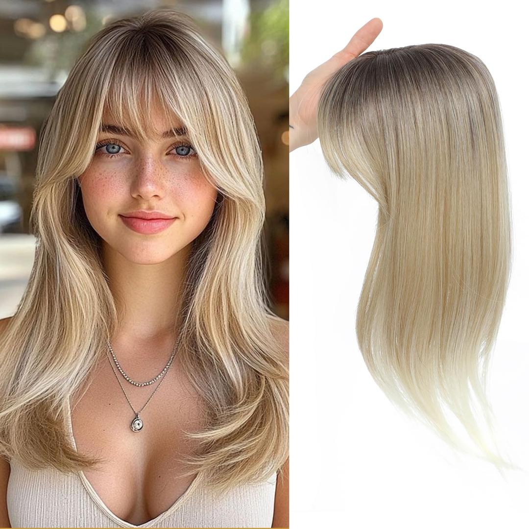18 inch Hair Topper for Women with Bangs 3D 360 Cover Fluffy Toppers Synthetic Long Straight Thinning Hair Pieces for Women Clip in Bangs with Topper Rooted Ash Blonde Mix Platinum