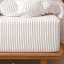 MooMee Striped Fitted Bottom Sheet Only 100% Washed Cotton Linen Like Textured Breathable Durable Soft Comfy Deep Pocket Fits Mattress up to 17" (White Orange Wide Stripes, Queen)