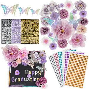 45 Pcs Graduation Hat Decorations Kit DIY Grad Cap Topper Crafts Purple Decorative Flowers Rhinestones Stickers Glitter Number Letters 3D Butterfly Stickers for Graduation Party Supplies