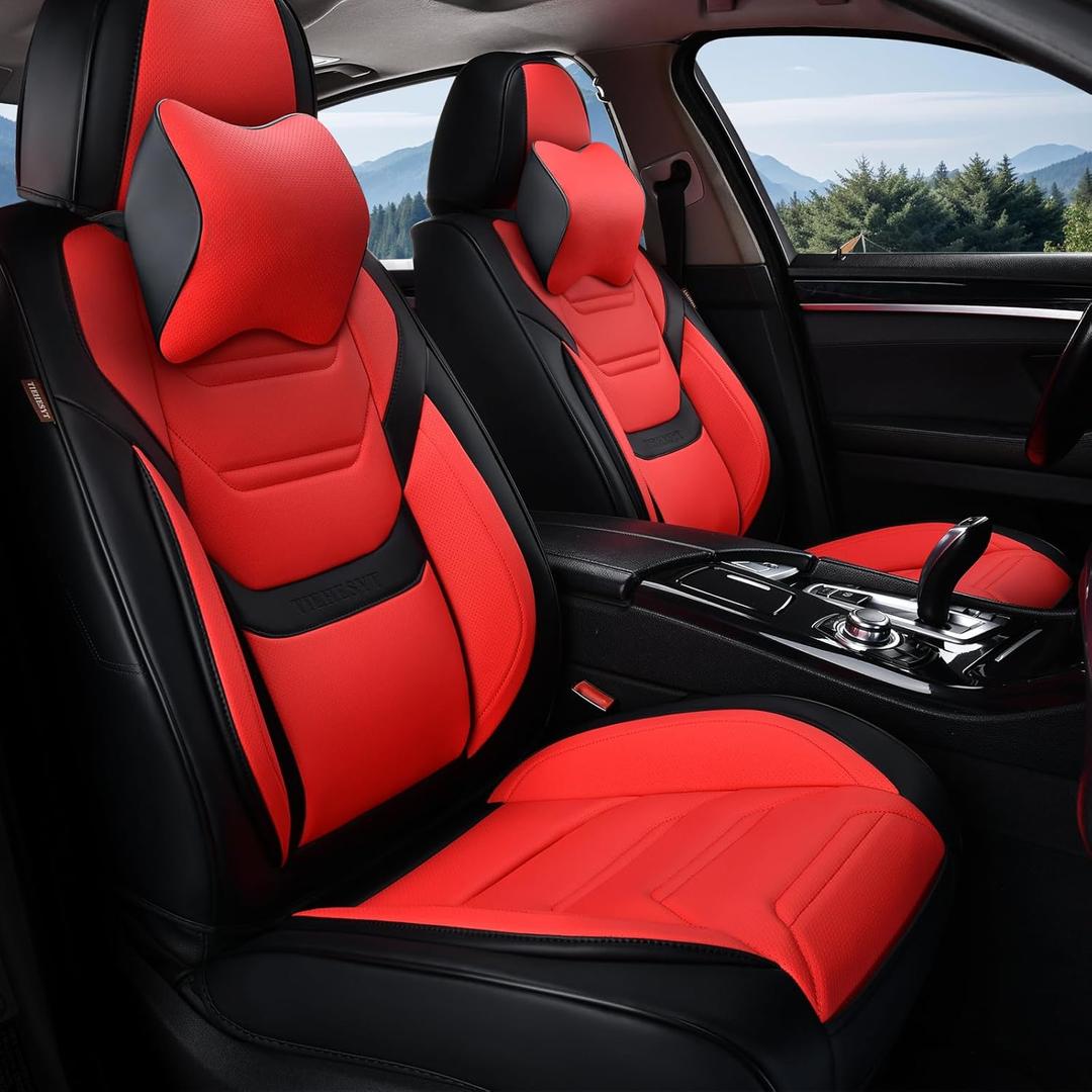 TIEHESYT Car Seat Covers Full Set, Breathable Leather Automotive Front and Rear Seat Covers & Headrest for Reduce The Driving Fatigue, Compatible with Most Vehicles, Cars (Black&Red, Front Pair)