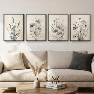 Framed Vintage Botanical Wall Art, 4 Piece Neutral Rustic Boho Floral Canvas Painting Prints for Modern Farmhouse, Black and White Flower Pictures for Living Room Bedroom Dining Room Wall Decor, 12x16