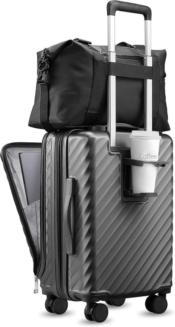 Carry On Luggage with Front Compartment and Cup Holder, KVF Expandable PC Hard Shell Suitcase with Front Pocket (FX-Plus, Gunmetal, 2-Piece (20/Tote)), 2-Piece Set