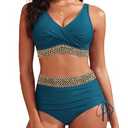 Aqua Eve Women High Waisted Bikini Twist Front Swimsuits Lace up Bikini Tops Ruched Push up 2 Piece Bathing Suits Sequin Tape Teal Medium