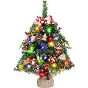 NALONE 24 Inch Mini Christmas Tree with Lights and Timer, Snow Kissed Tabletop Christmas Tree with 36 Pcs Ornaments, Artificial Small Xmas Tree with Pinecones and Red Berries