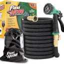 Flexi Hose PLUS with 8 Function Nozzle Expandable Garden Hose, Lightweight & No-Kink Flexible Garden Hose, 3/4 inch Solid Brass Fittings and Double Latex Core, 100 ft Black