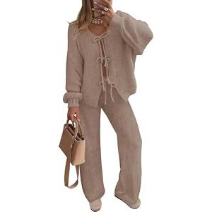ZESICA Women's 2 Piece Outfits Lounge Pajama Sets 2025 Fall Long Sleeve Cardigans Wide Leg Pants Matching Winter Clothes Khaki Medium