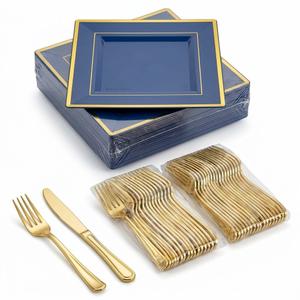 a set of disposable plates and forks