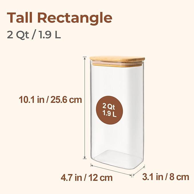 ComSaf 63oz Rectangle Glass Storage Containers with Lids, Glass Jars with Bamboo Lids, Clear Food Jar, Square Canister Set of 2  Pantry Organizers and Storage for Flour Pasta Coffee Bean