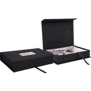 Linen Photo Storage Box, 5 x 7 Inch Memory Keepsake Organizer with Transparent Window, Stylish Photo Box for Storing Pictures, Keepsakes, Postcards, Scrapbooking Supplies, Black