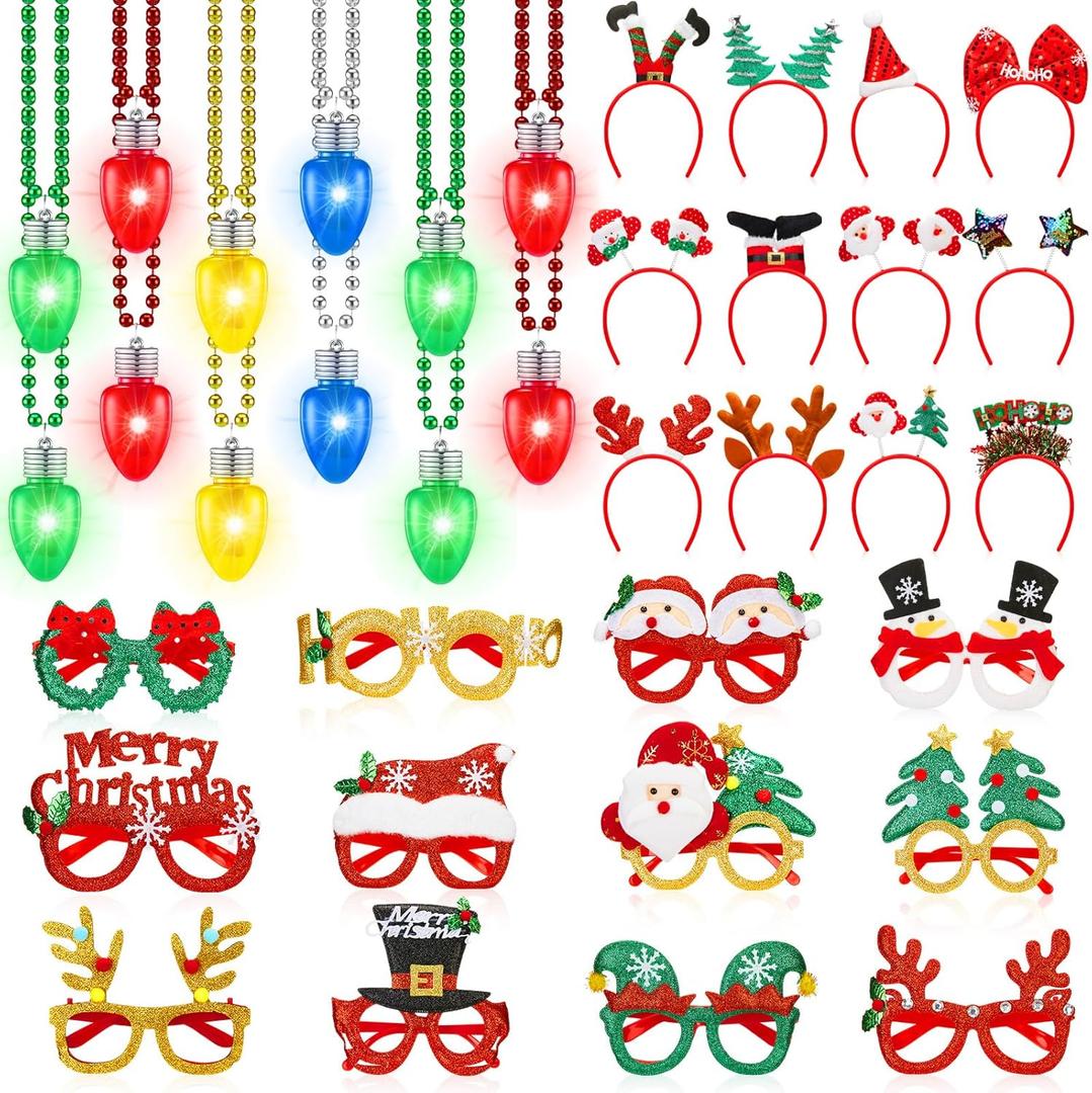 Suncalla 36 Pcs Christmas Light up Necklace Headbands Glasses Frame Set, Christmas Party Favors LED Bulb Necklace Headwear Eyeglasses Accessories for Santa Xmas Tree Snowman Elk Costume