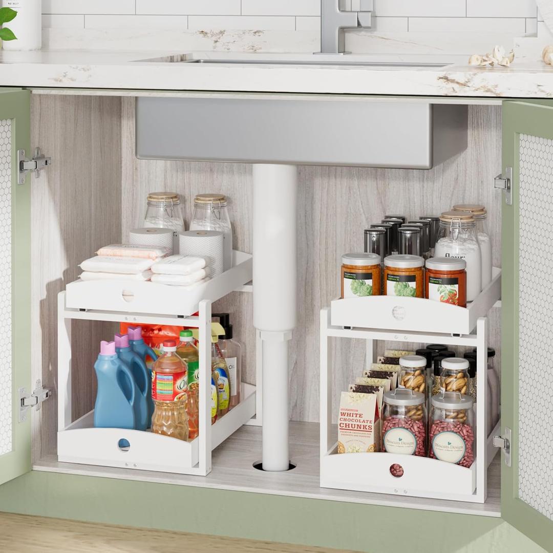 Bamboo Wood Under Sink Organizer 1 Pack, Pull Out Cabinet Organizer 2 Tier Under Sink Organizers and Storage with Sliding Drawer Sturdy Easy Assembly for Kitchen Bathroom Undersink (White, 2 Packs)