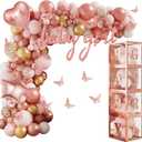 Amandir 134pcs Rose Gold Balloons Baby Shower Decorations for Girl Boxes, Butterfly Stickers Balloon Garland Arch Kit Baby Box with Letter (A-Z+Baby) for Women Birthday Bridal Party Decoration