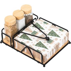 Baffect Napkin Holder For Table With Salt And Pepper Tray, Flat Napkin Dispenser With Weighted Arm,Black Napkin Storage For Dinner, Table Decor, Kitchen, Home Bar, Party, Hotel (Wood, Metal)