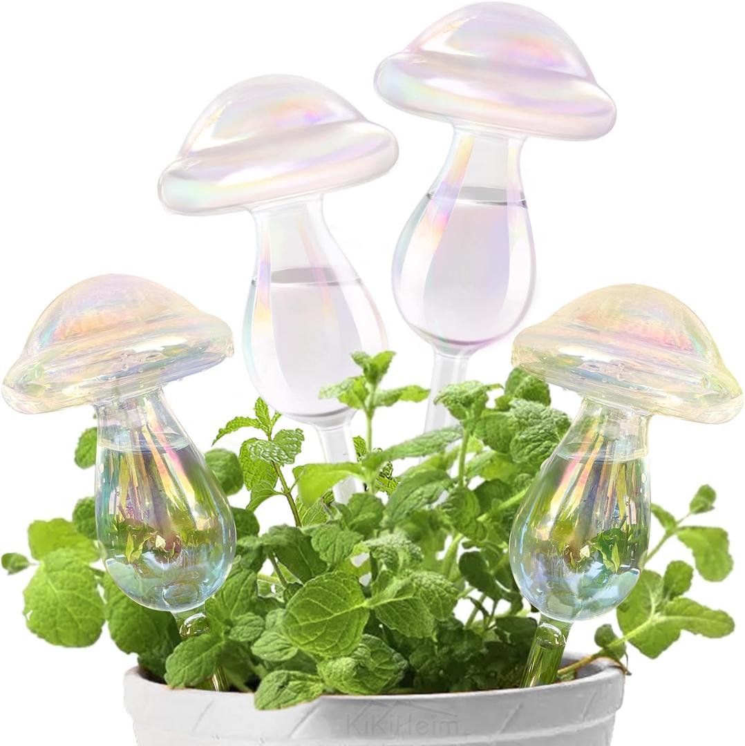 KiKiHeim Plant Watering Globes, Rainbow Self Watering Globes, Automatic Plant Waterer Devices, Clear Glass Water Bulbs for Indoor Plants, Set of 4 Mushrooms