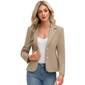 ELLEVEN Womens Work Knit Blazer, Stretch Slim Fit Half-Lined Lightweight Suit Notched Lapel Jacket (X-Small, Khaki)