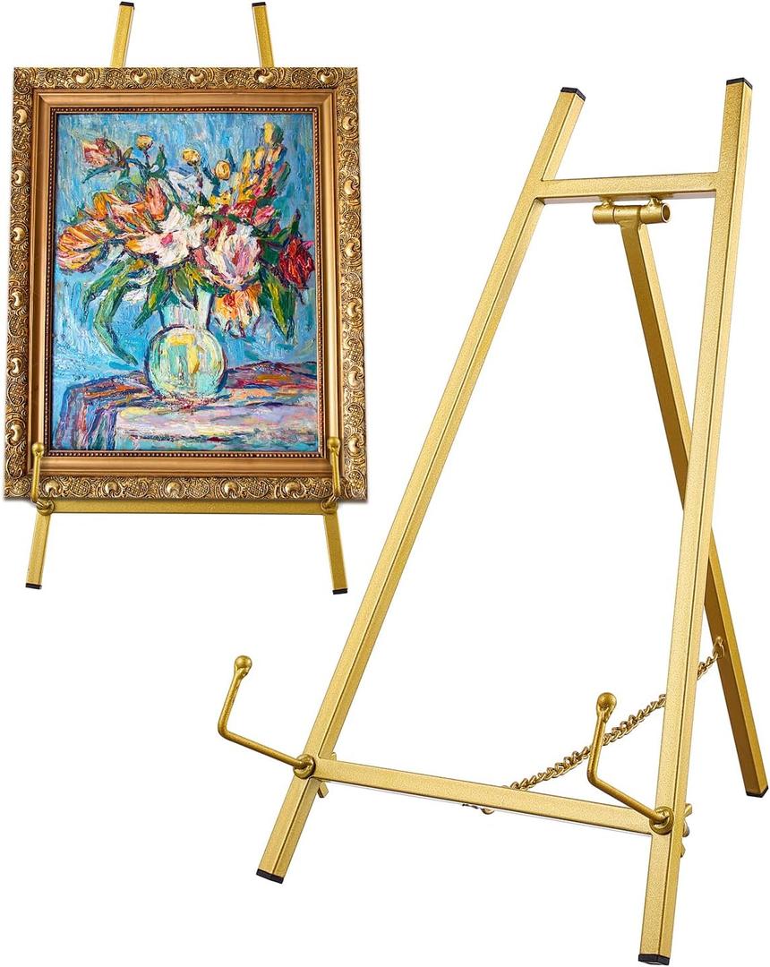 Metal Easel Stand,Table Top Easel Stand for Display Tripod Art Picture Mirror Modern Plate Holder for Display Book Photo Wedding Sign(Gold)  16.5"× 8.7" × 4.3"