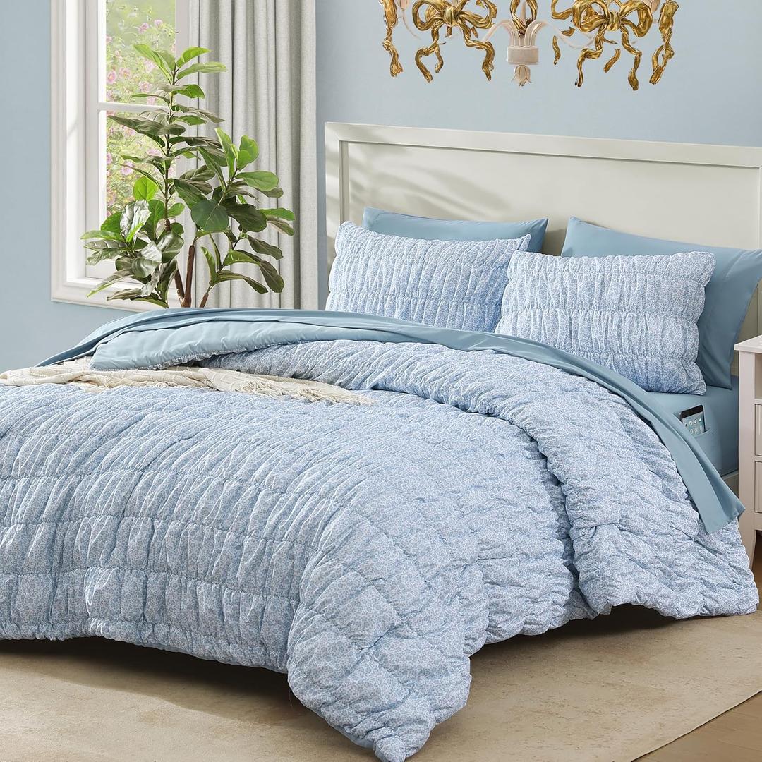 Queen Comforter Set - 7 Pieces Blue Classic Puff Floral Bedding Sets for All Seasons, Shabby Chic Farmhouse Bed in a Bag Queen with Wildflowers Fluffy Comforter, Sheets, Pillowcases & Shams