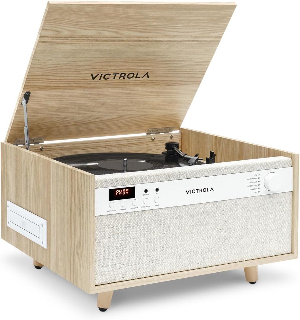 Victrola Century 6-in-1 Vinyl Record Player & Music Center  3-Speed Turntable, CD & Cassette Player, VINYLSTREAM, Bluetooth & 3.5mm Aux, Record Player with Speakers, Mid Century Design (Natural)