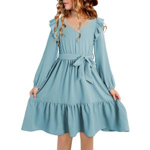 blibean Teen Girls Fall Dress Kids Semi Formal Lace Smocked Long Sleeve Dresses Size 6-15 Years (Blue, XL)