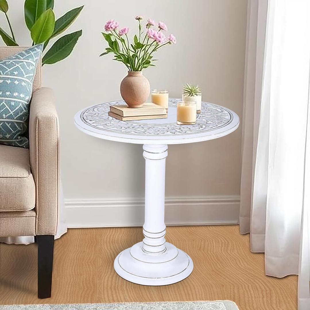 Hand - Carved Wooden End Table  18" x 22 Round Pedestal Side Table, Solid Mango Wood, White Antique Finish, Decorative Accent Table for Living Room & Bedroom (Pillars 18x22 inch)