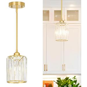 Gold Kitchen Pendant Lights Over Island with Adjustable Rods - Crystal Pendant Lighting Fixtures for Sloped Ceiling, Ideal Over Dining Table or Bar, E26 Bulb Compatible, No Electrician Needed (5.8in pendant)