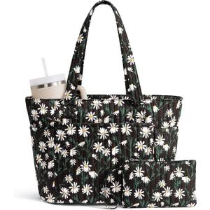 Bagstellar Puffer Tote Bag for Women, Quilted Cotton Laptop Work Tote Shoulder Bag for College School, Teacher, Nurse, Travel | Top Full-Zip Closure