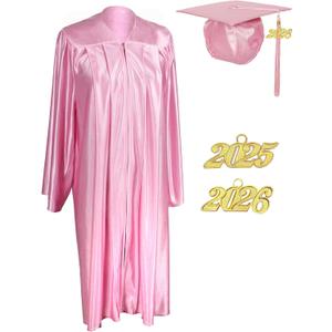 MyGradDay Unisex Adult Shiny Graduation cap and gown Tassel 2025 and 2026 Year Charm Package, Size: 45''(5'0"-5'2") (Pink)