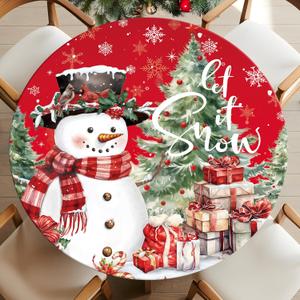 Casuru Christmas Round Fitted Tablecloth with Elastic Snowman Table Cover Waterproof Let It Snow Christmas Decor for Patio Holiday Kitchen Party Fits to 48"-52" Diameter Round Table