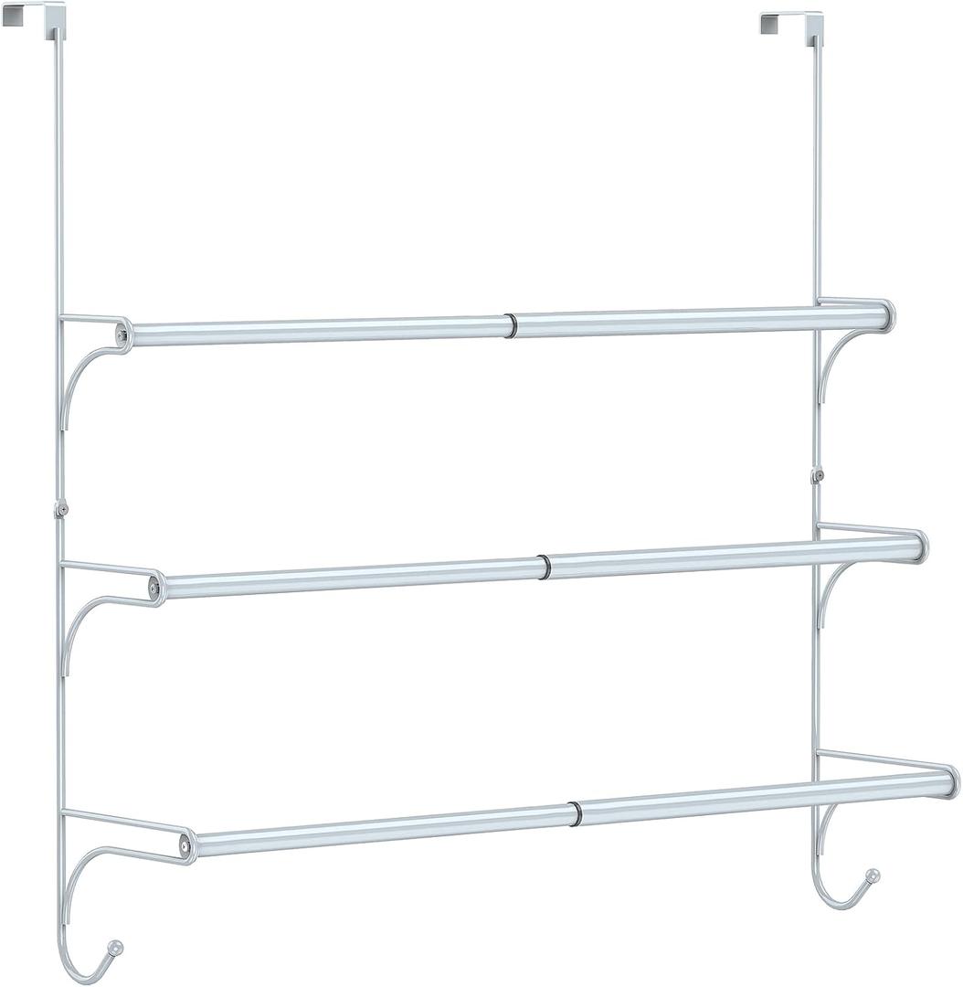 Auledio Adjustable Over The Door Triple Towel Rack with Hooks,Silver