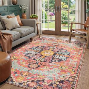 Lahome 5x7 Boho Living Room Rug Colorful Bedroom Rug, Large Bohemian Nursery Rugs, Hot Pink Non-Slip Machine Washable Soft Playroom Mat Indoor Floor Accent Carpet for Dining Table Mud Room (Fuchsia/Multi)
