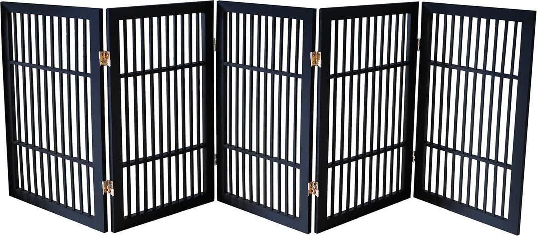 Pet Dog Gate Strong and Durable Freestanding Folding Acacia Hardwood Portable Wooden Fence Indoors or Outdoors by Urnporium (Black Pet Gate, 5 Panel 30" Tall)