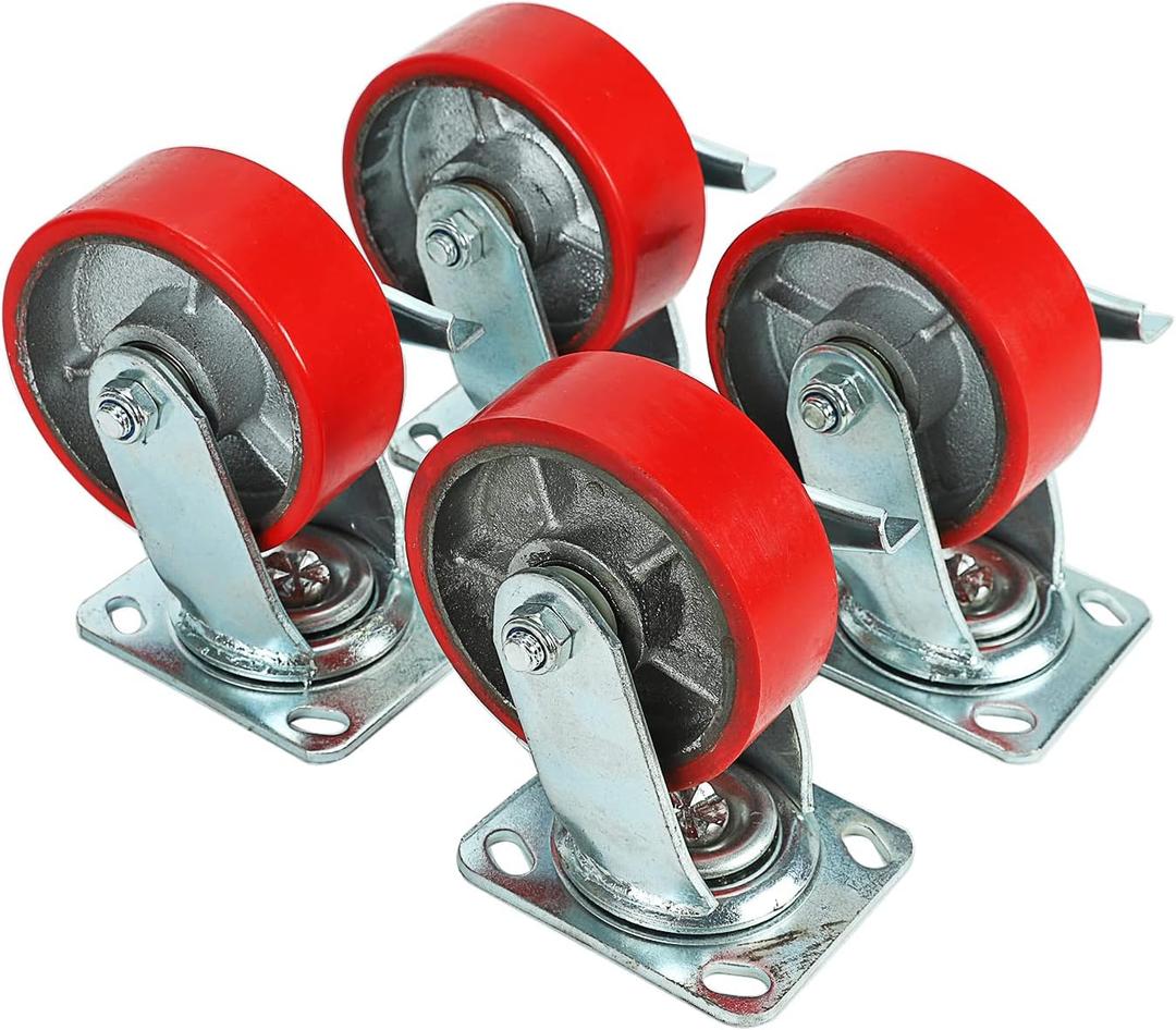 5" X 2" Swivel Polyurethane Wheels - Heavy Duty Casters Set of 4 with Top Lock Brake, 1100 lbs Load Capacity Each, 4400 lbs Per Set - Ideal for Toolbox, Workbench (Red)