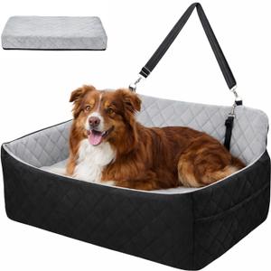 Dog Car Seat for Large Dogs Up to 55 lbs, Pet Booster Seat with Memory Foam, Non-Slip Washable Dog Car Bed with 2 Safety Leashes & Storage Pockets for SUV & Sedan