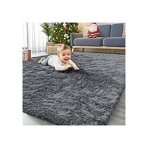 X-Large Modern Shag Area Rugs, 5.3'x7.6' Ultra Soft Fluffy Carpet, Non-Slip  Floor Carpet for Girls, Kids Room Living Room Bedroom Home Holiday Decor,47 * 79 cinchs/Dark Grey
