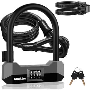 NDakter Bike Locks Heavy Duty Anti Theft, 18mm Bicycle Combo U Lock, 4-Digit Resettable Combination Lock with 5FT Steel Cable and Bracket, for Electric Scooter, Ebike, Motorcycle (Gray)