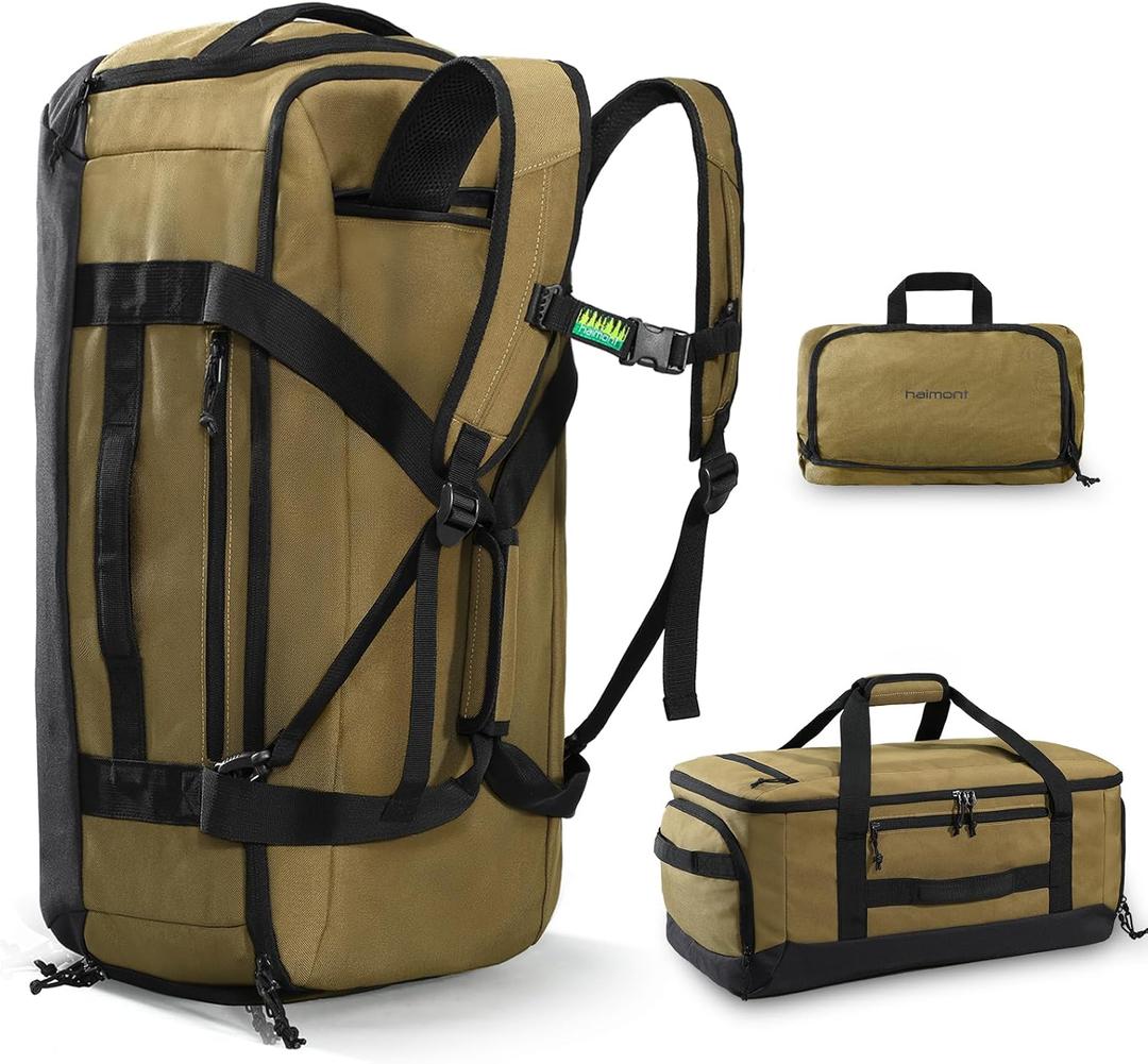 Haimont Large Collapsible Duffle Bag Backpack for Travel, Water-Resistant 55L Weekender Bag with Shoe Pocket, Men & Women, Sports, Traveling, Camping, Outdoor, Brown