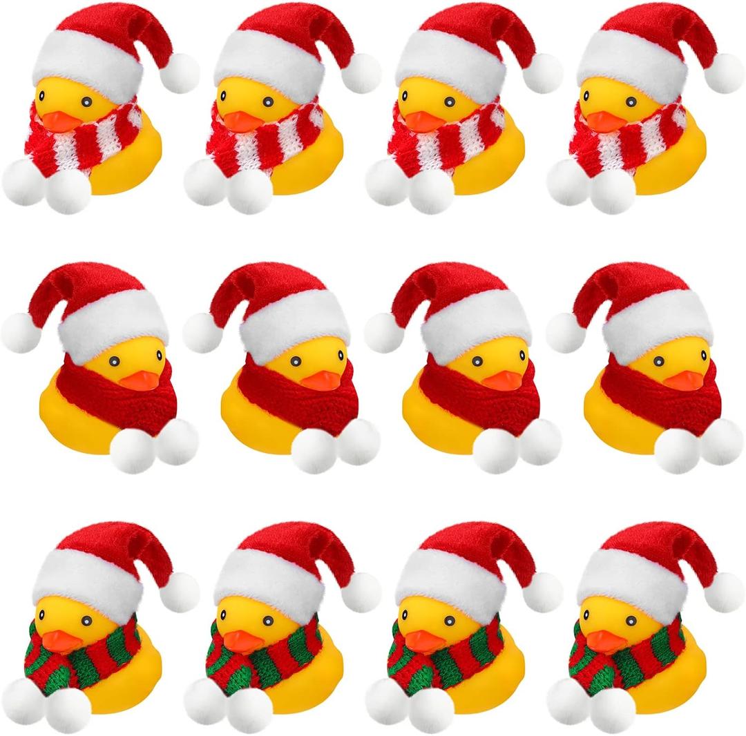 Funtery 12 Pcs Christmas Rubber Ducks Bulk with Xmas Hats and Scarf Mini Bath Rubber Ducky Showers for Xmas Winter Holiday Celebration Party Favors Stocking Stuffers Birthday Gift Exchange