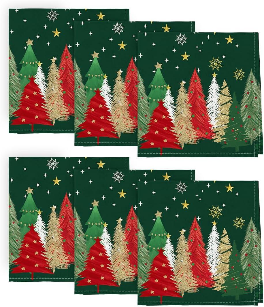 Horaldaily Christmas Cloth Napkins 18 x 18 Inch, Green Christmas Pine Tree Stars Red Party Dinner Decoration Washable Napkins Set of 6