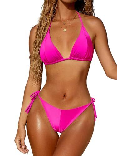 MIKETAI Women's Bikini Sets Two Piece Swimsuits Triangle Halter Top String Cheeky Thong Bottom Bathing Suit Hot Pink M