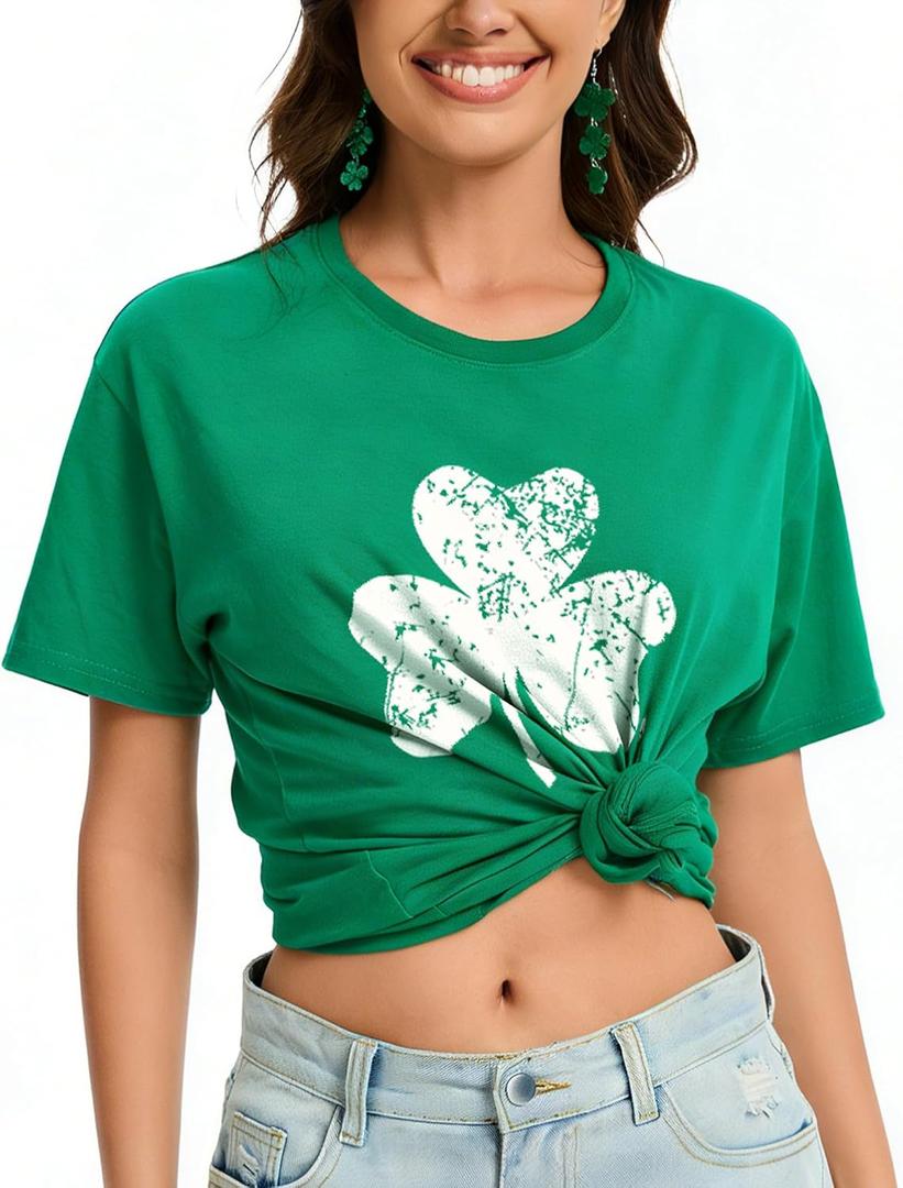 St Patrick's Day Shirts for Women Lucky Irish Green Shamrock Graphic Tee Costume Funny Saint Clover Printed T-Shirt Top (Green, XXL)