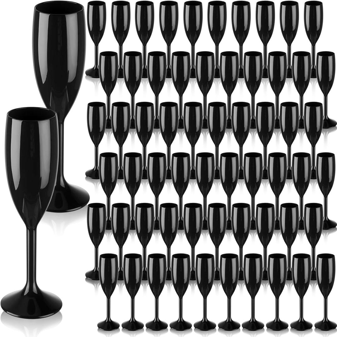 Domensi 60 Pack Black Acrylic Champagne Flutes Bulk 6 oz Unbreakable Reusable High Stem Plastic Toasting Goblets for Wedding, Party, Camping & Restaurant