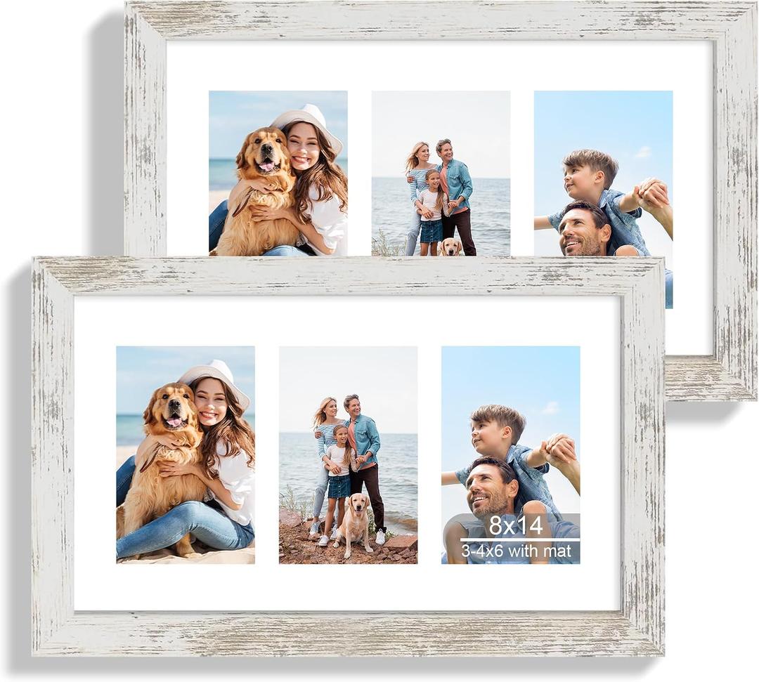 Hongkee 8x14 Picture Frame Set of 2, Distressed White Wood Frame with Glass Collage Frame, Display Pictures 3-4x6 With Mat or 8 x 14 Without Mat - Horizontal or Vertical Wall Mounting