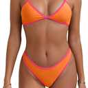 Triangle Thong Bikini Set for Women Sexy Color Block Halter Swimsuit Two Piece Cheeky High Cut String Bathing Suit (Orange) XL