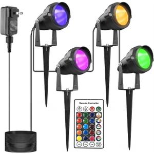 yoosuml Outdoor Spotlights Yard Spot Lights with Timer Colored Warm White 20W RGB LED Landscape Light IP65 Waterproof Uplight with Spiked Stand for Lawn House Flag Pathway Porch Christmas (4 Lights)