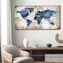 World Map Canvas Wall Art Abstract Navy World Maps for Wall Vintage Modern Wall Art for Office Framed Pictures for Living Room Bedroom Wall Decoration for Home Office Decor Artwork for Walls, 24x48IN