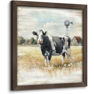 old barn Farm Cow Wood Wall Art: Farmhouse Rustic Picture Country Windmill Meadow Landscape Painting Animal Print Rural Scene Framed Artwork for Bedroom