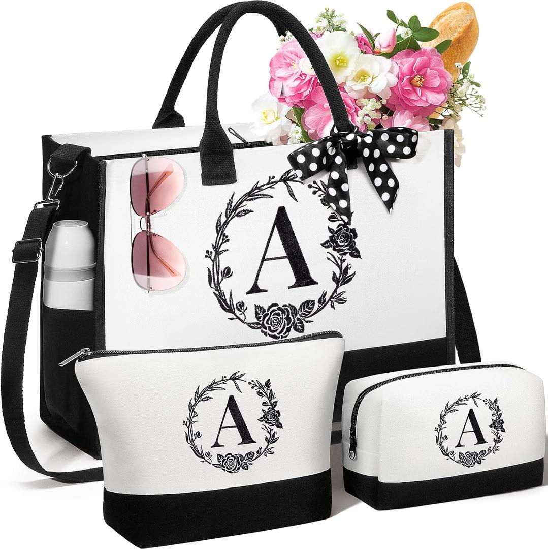 Personalized Gifts for Women, Initial Canvas Tote Bag & Makeup Bag Monogrammed Beach Tote Bags for Women w/Zipper, Easter Gift Bags Mothers Day Birthday Gifts for Mom Her Sister Best Friend Teacher