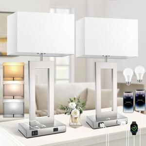 22 Touch Control Table Lamps Set of 2, 3 Color Temperatures Bedroom Bedside Lamps, Modern Silver Dimmable Lamps with USB Ports & AC Outlet, Tall Living Room Lamps for Nightstand End Table, 2 Bulbs (Large)