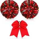 Hanaive 3 Pcs Cheerleading Pom Poms and Large Cheerleader Hair Bow Metallic Cheer Supplies for Team Spirit Sports Dance Cheering