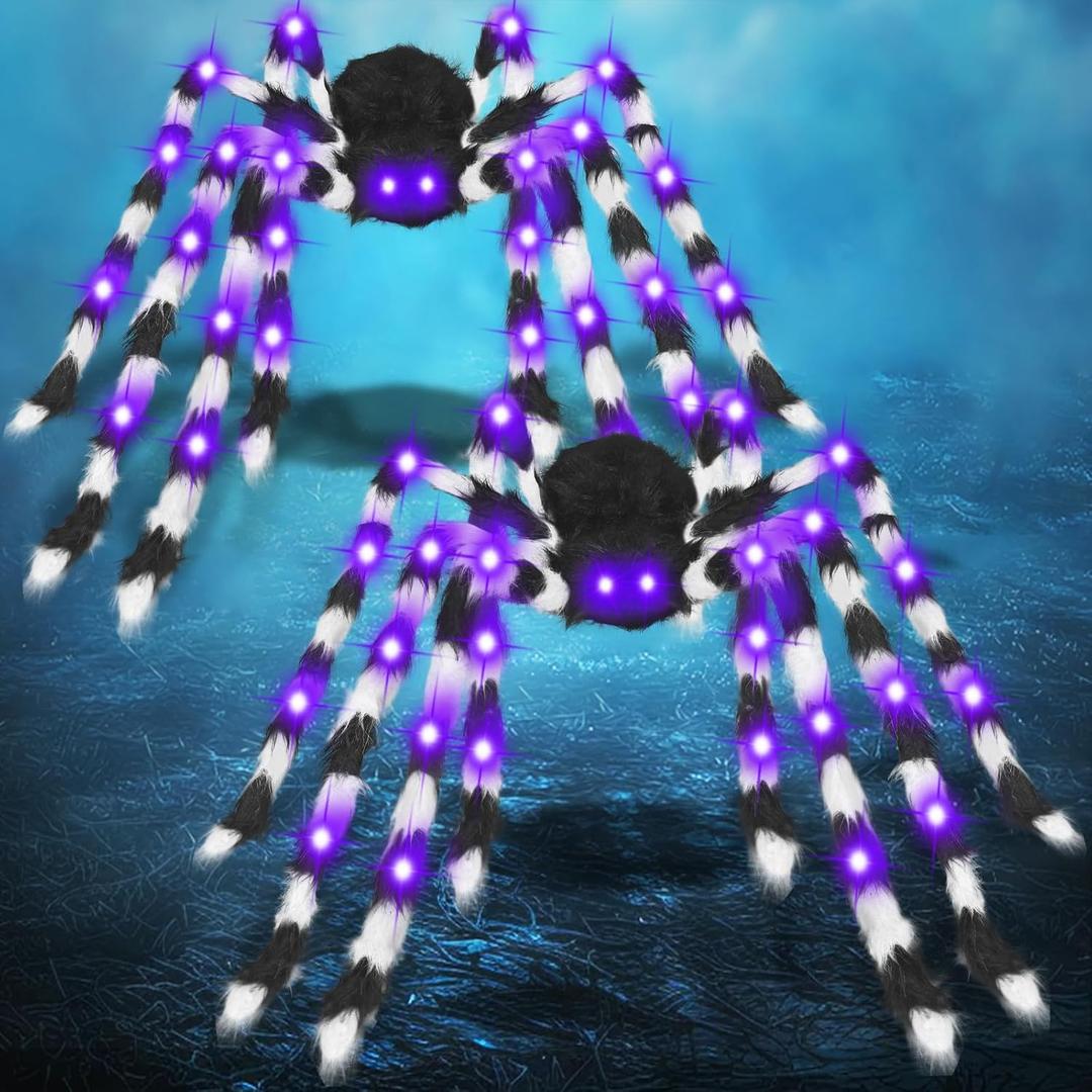 2 Pack 50 Inch Giant Halloween Light up Spiders Outdoor Decorations, Scary Giant Spider with 26 Purple LED Lights, Fake Large Spider for Indoor Outside Haunted Party Favor Yard Home House Props Decor (White Black)